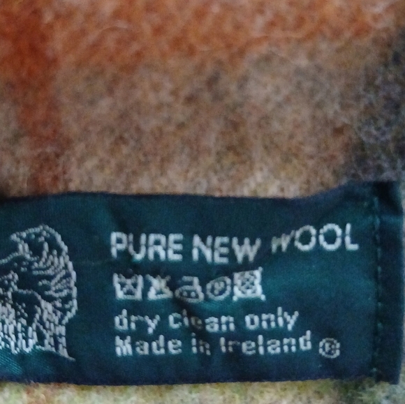 Pure Wool Scarf Ireland, Green/ Rust/Beige plaid, Fringe.  66" Length, Pre-owned - Picture 4 of 7